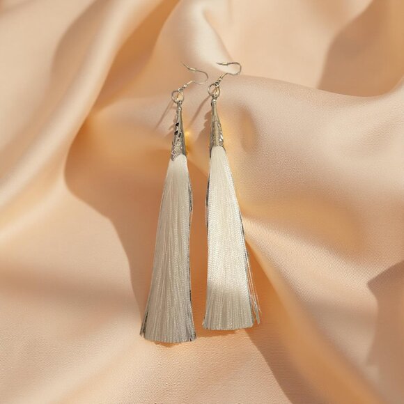Long White Tassel Earrings~ 3 inches long w silver hooks - Picture 1 of 4
